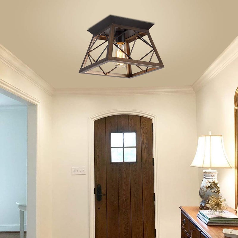 QS Q&S Flush Mount Ceiling Light Fixture,Farmhouse Vintage Lights,Industrial Metal Lamp for Hallway, Entryway, Bathroom ORB+Brush Brown,1 Light E26 - Image 5